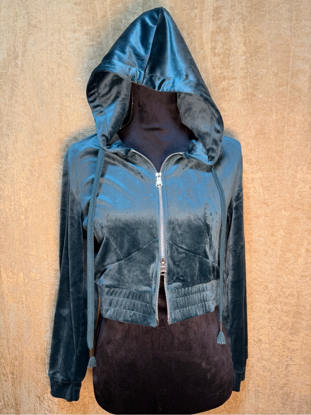 Velvet Hooded Double Zip Crop Jacket - Teal / L
